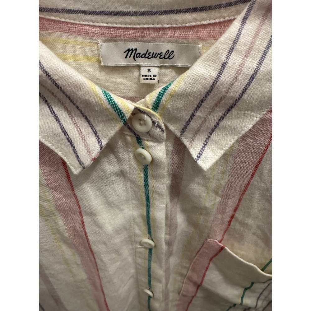 Madewell Women Rainbow Stripe Short Sleeve Linen Blend Button Down Shirt Small